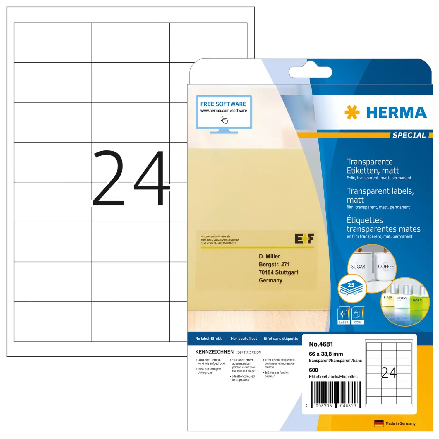 HERMA Etiketten (Bogen), 66 mm × 34 mm, transparent, Folie, permanent haftend, 25 Blatt, 600 Etiketten