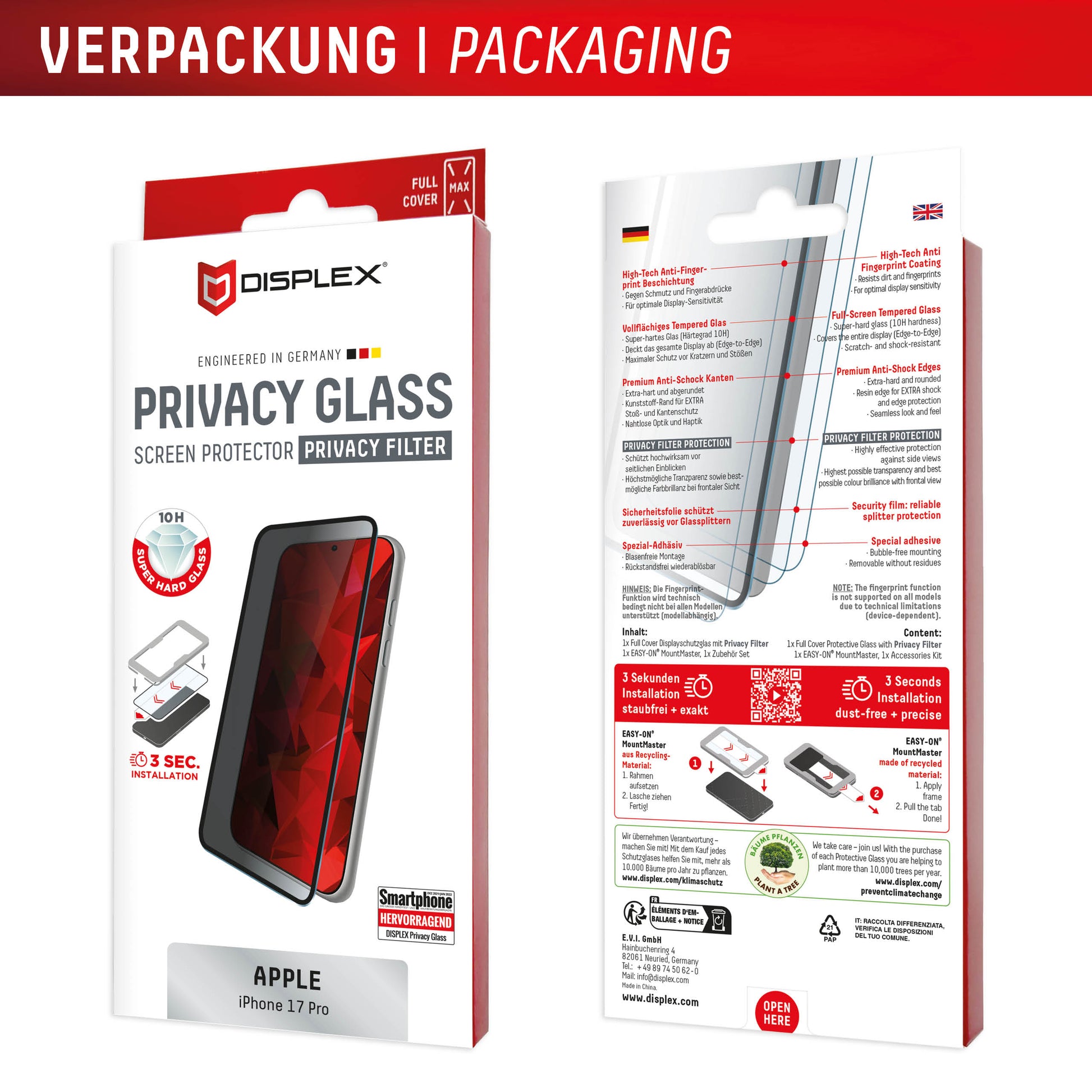 Displex Privacy-Filter (Panzerglas) – für iPhone 17 Pro – mit Applikator