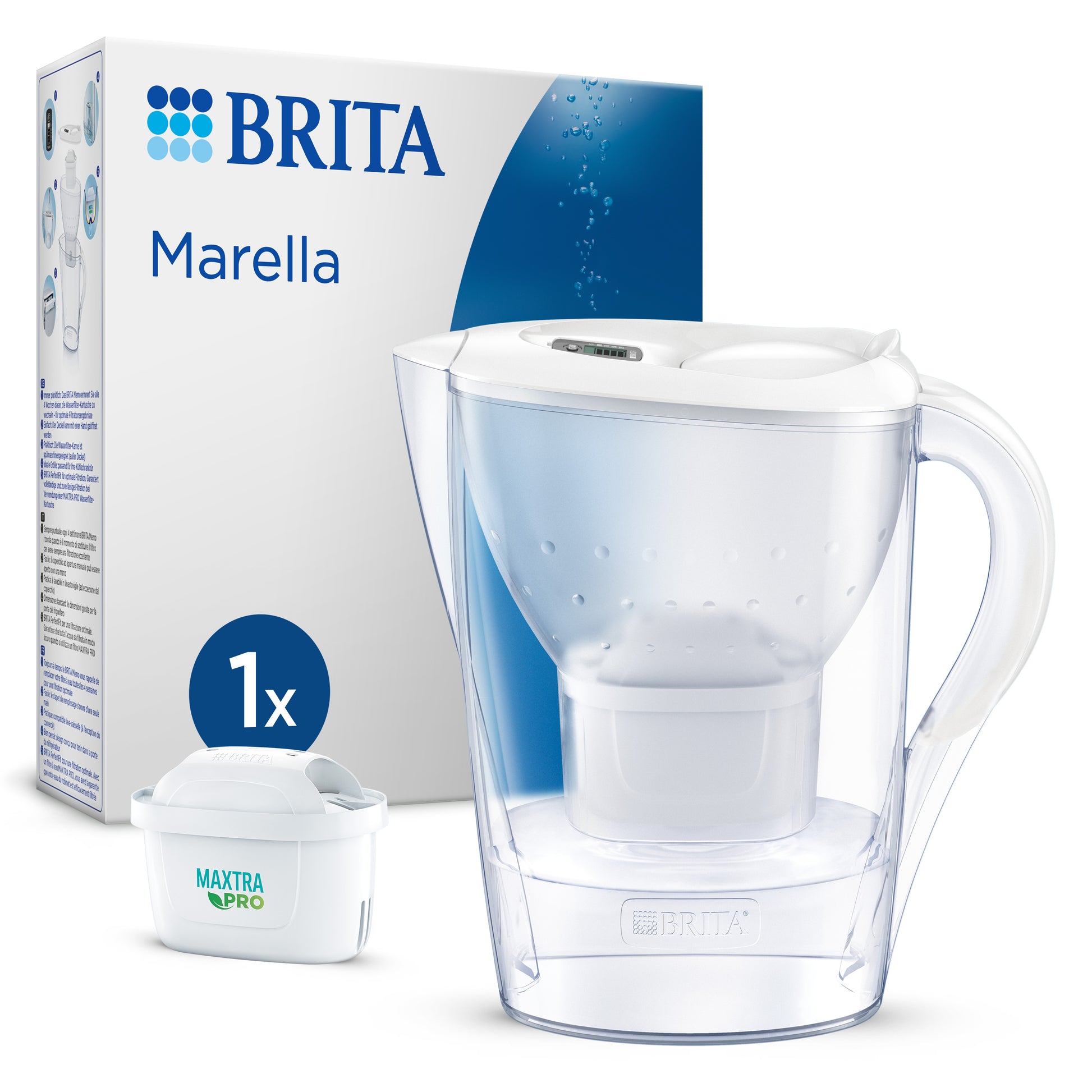 BRITA Marella – Wasserfilter-Kanne 1,4 l, Filterwechselanzeige, Kunststoff, Weiss