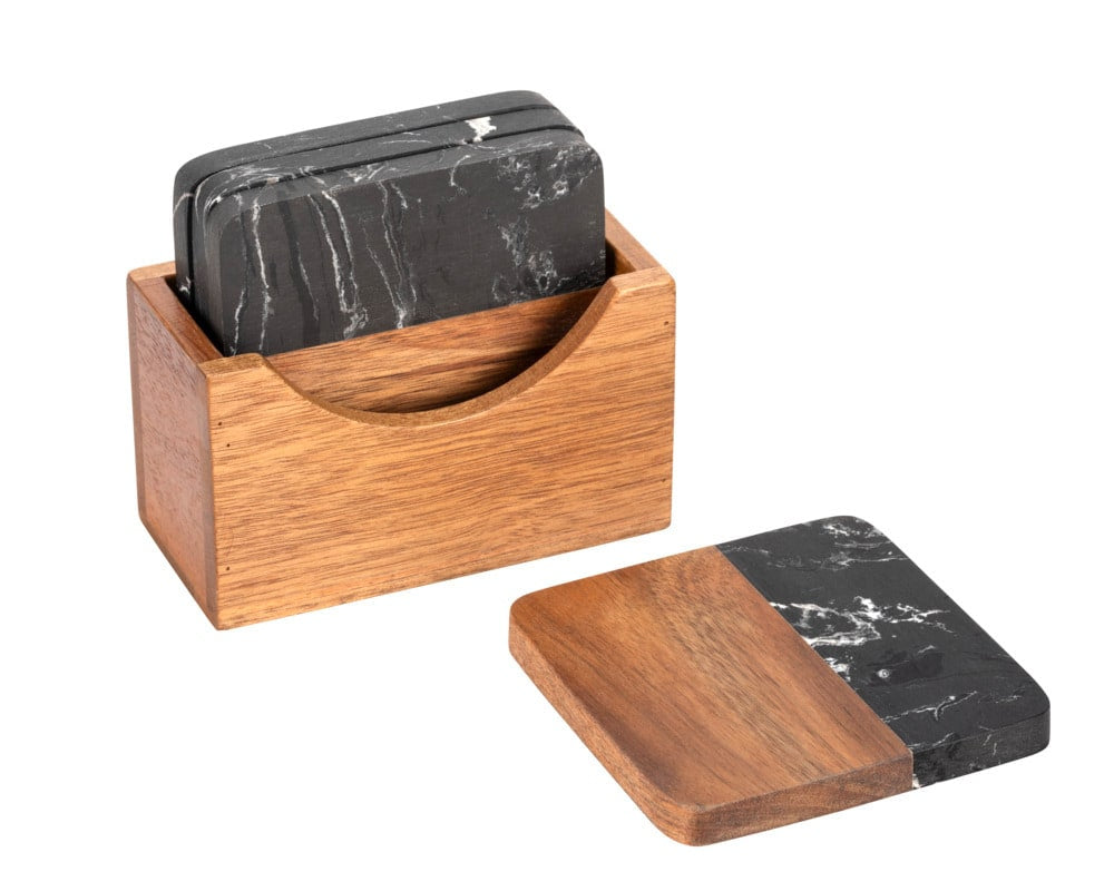 Wenko Untersetzer Atami – 4er Set, 10 × 10 × 1 cm, Marmor/Holz, Schwarz/Braun