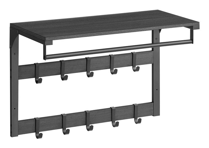 Vasagle Wandgarderobe – 10 Haken, mit Ablage, Stahl/Spanplatte, Schwarz, 65 × 30 × 42 cm