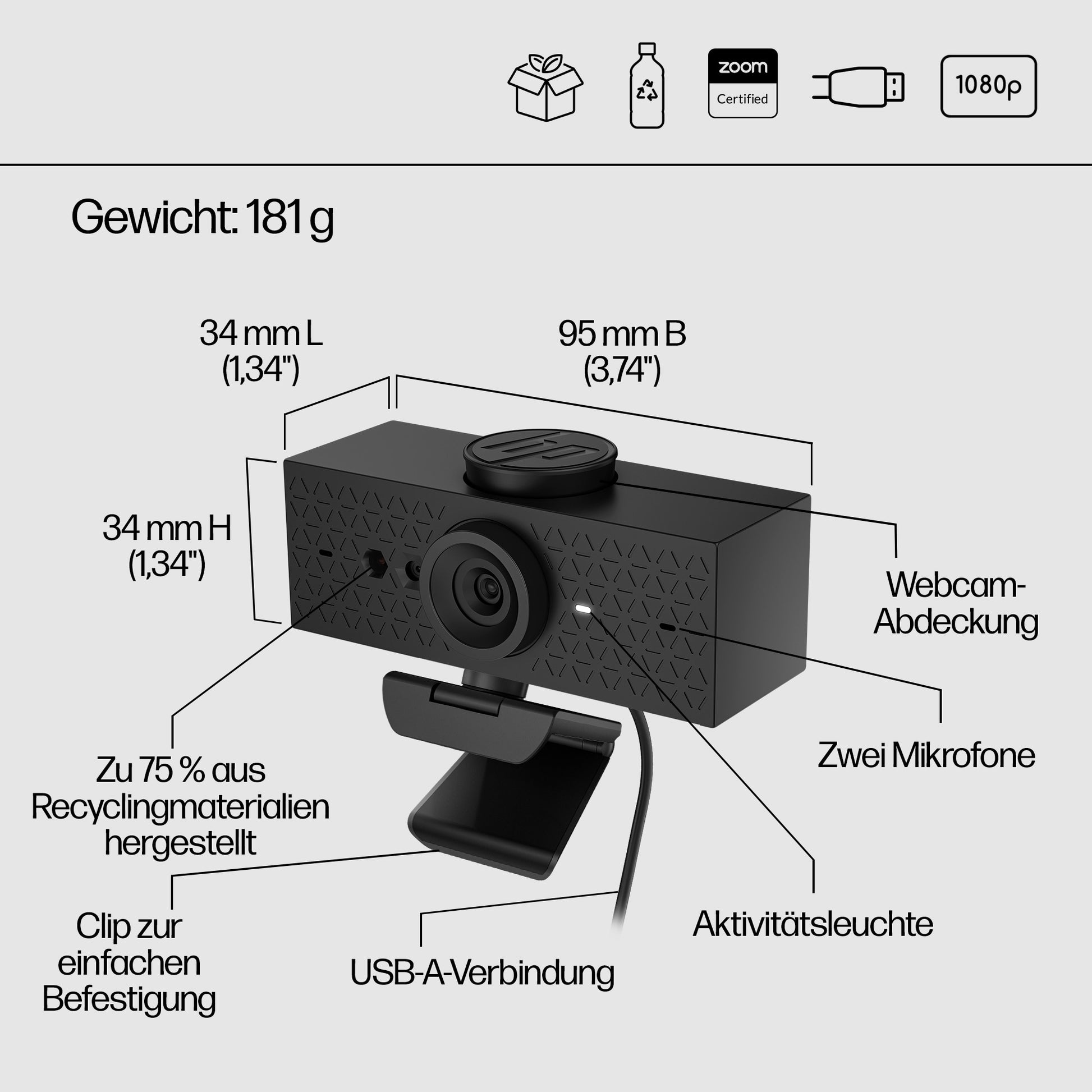 HP 620 FHD Webcam – Full HD, 60 fps, USB, 92°, Schwarz