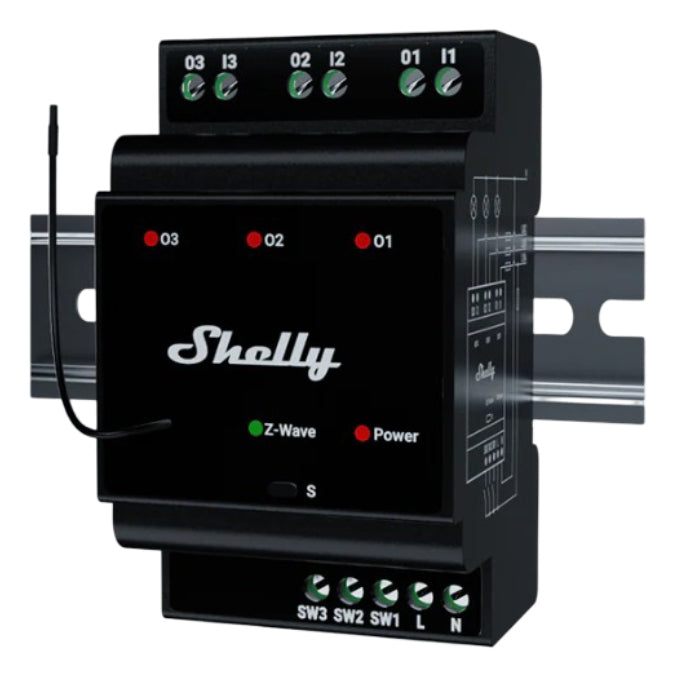 Shelly Wave Pro 3 EU LR – Smart-Hub/Bridge – Z-Wave, 3 Kanäle, 16 A pro Kanal, DIN-Schienen-Montage