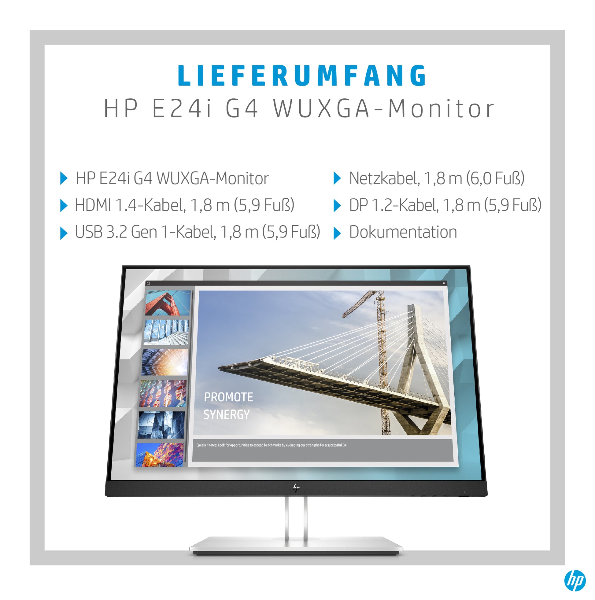 HP E24i G4 – Monitor, 24", 1920 × 1200 (WUXGA), IPS, 60 Hz, 250 cd/m², VESA 100 × 100, Schwarz
