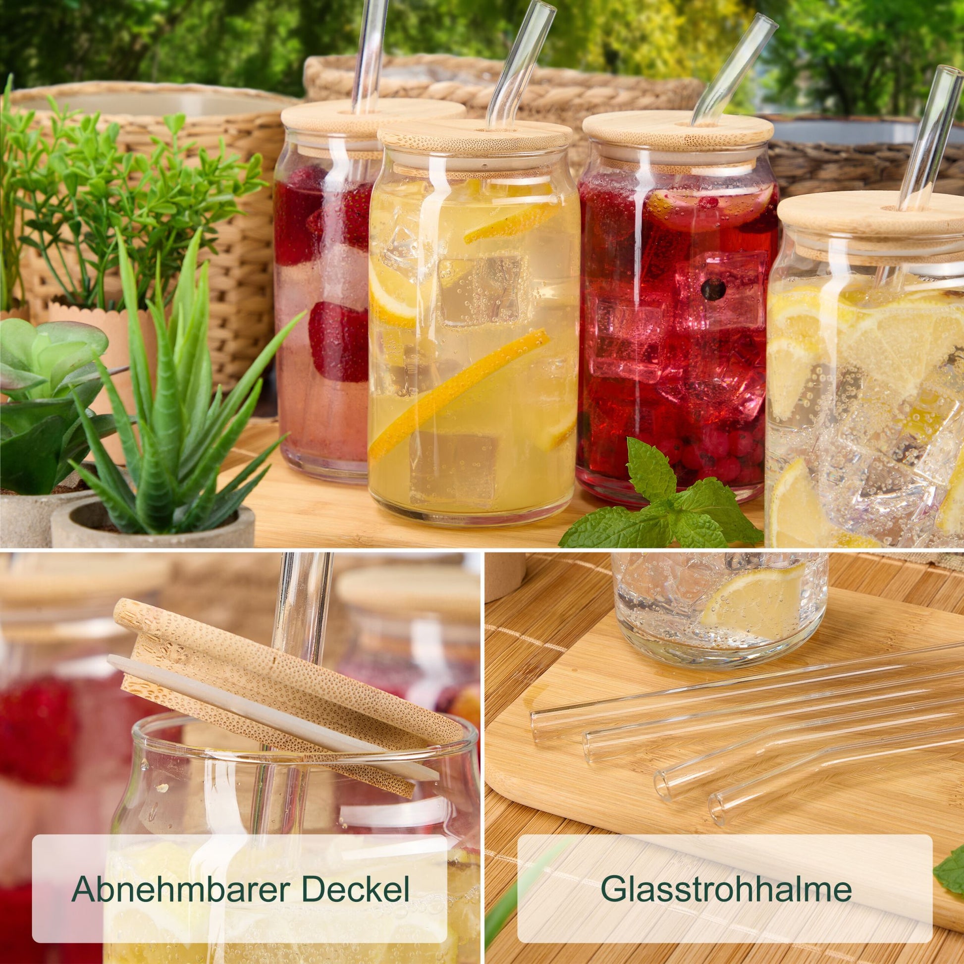 Relaxdays Trinkgläser – 4er Set, 450 ml, H 14,0 cm, Glas, Hellbraun, mit Deckel, inkl. Strohhalm