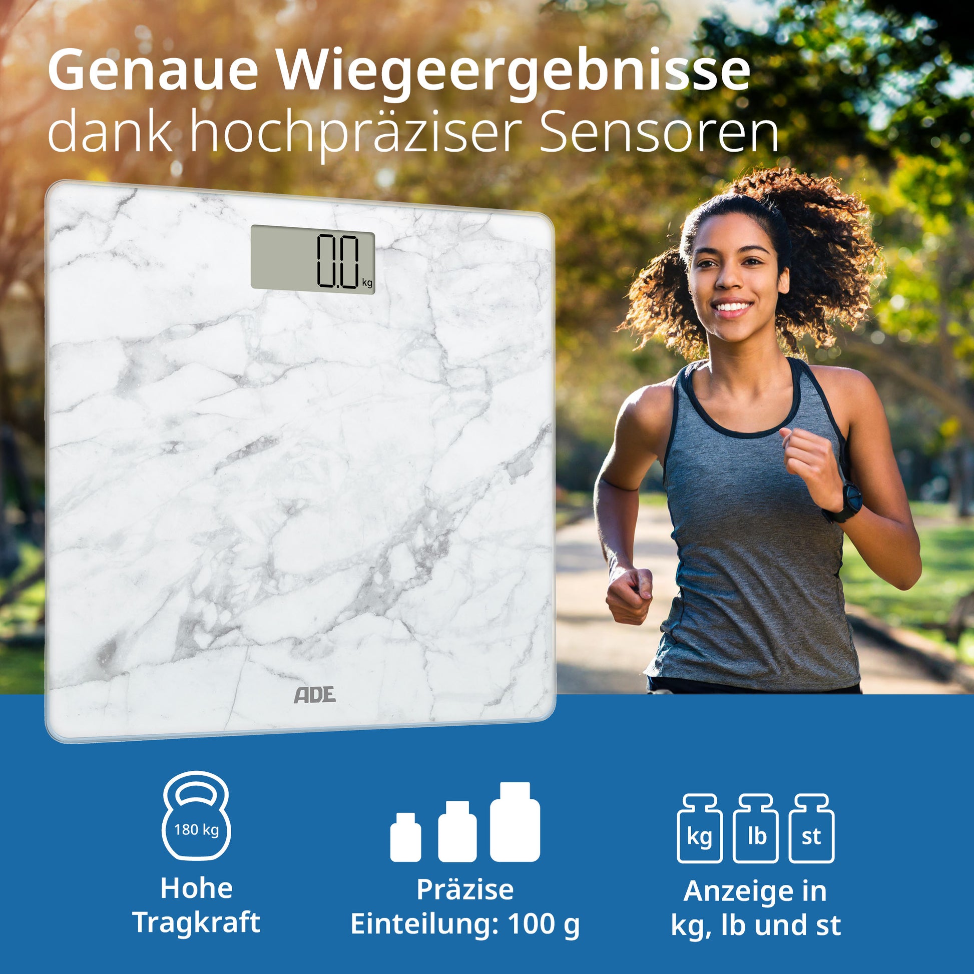 ADE Paketwaage BE2306-5 – Tragkraft 180 kg, Teilung 100 g, Wiegefläche 30 × 30 cm, Batterie, Sicherheitsglas