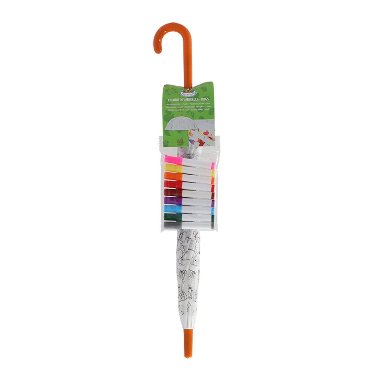 Esschert Design Stockschirm KG279 – Ø 70,5 cm, L 69,2 cm – Orange Hunde – zum Ausmalen, mit Markern
