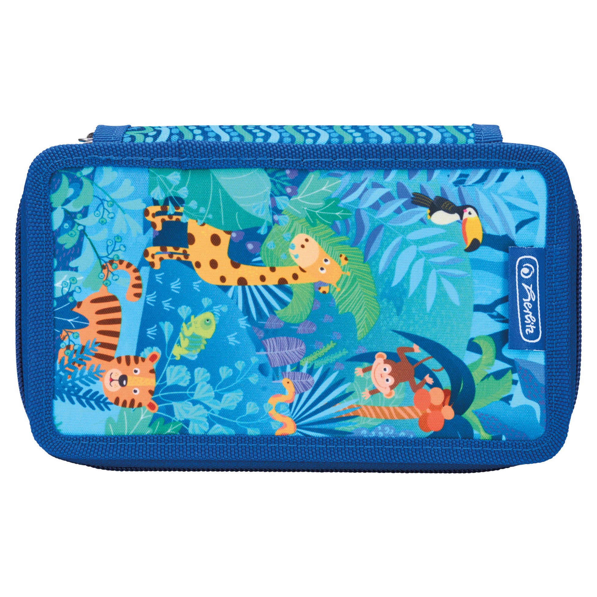 Herlitz TriCase – Schüleretui, 3 Klappen, gefüllt (31-teilig), Jungle Safari, Blau, 19 × 11,5 × 7 cm