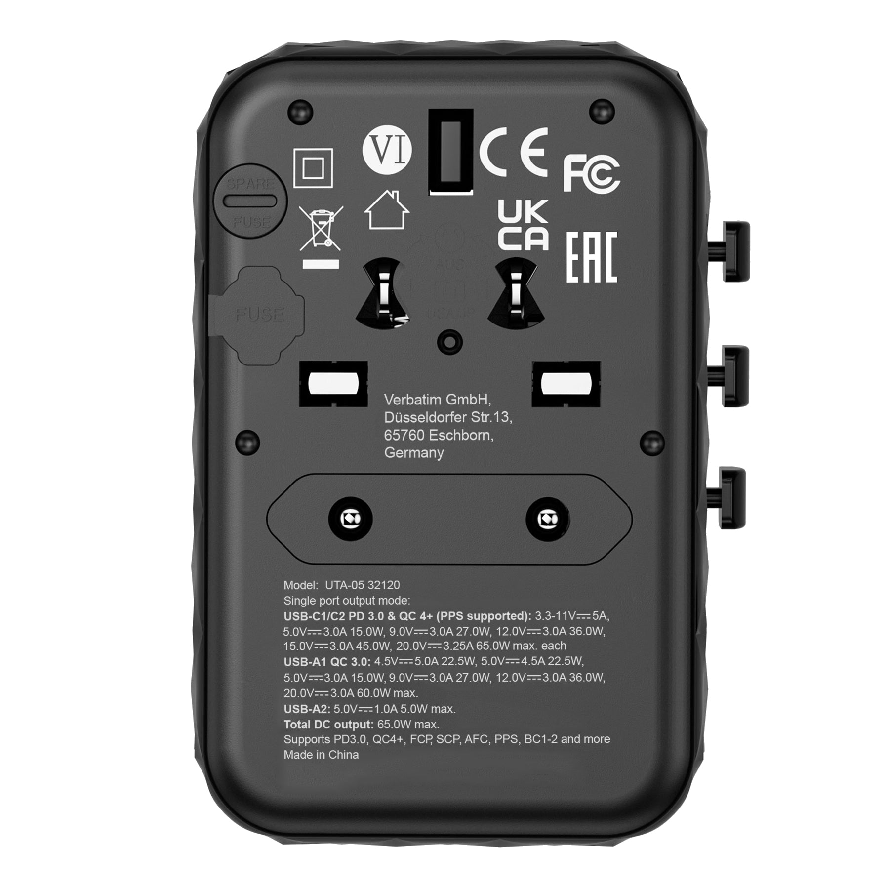 Verbatim Reiseadapter – UTA-05 GaN III Universal, PD 65 W, QC 4+, 2× USB-A, 2× USB-C, Schwarz