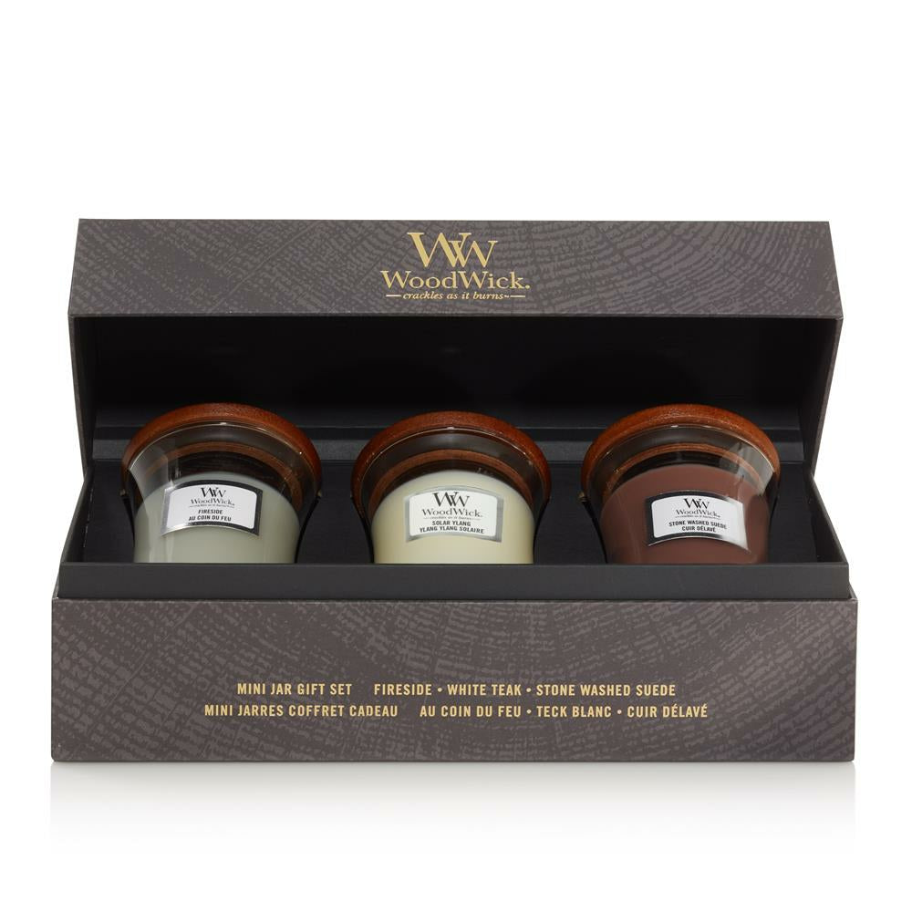 WoodWick Duftkerze Mini Jar Woody Geschenkset, braun/weiß, Glas, Ø 7 cm, H 8 cm, 3er-Set
