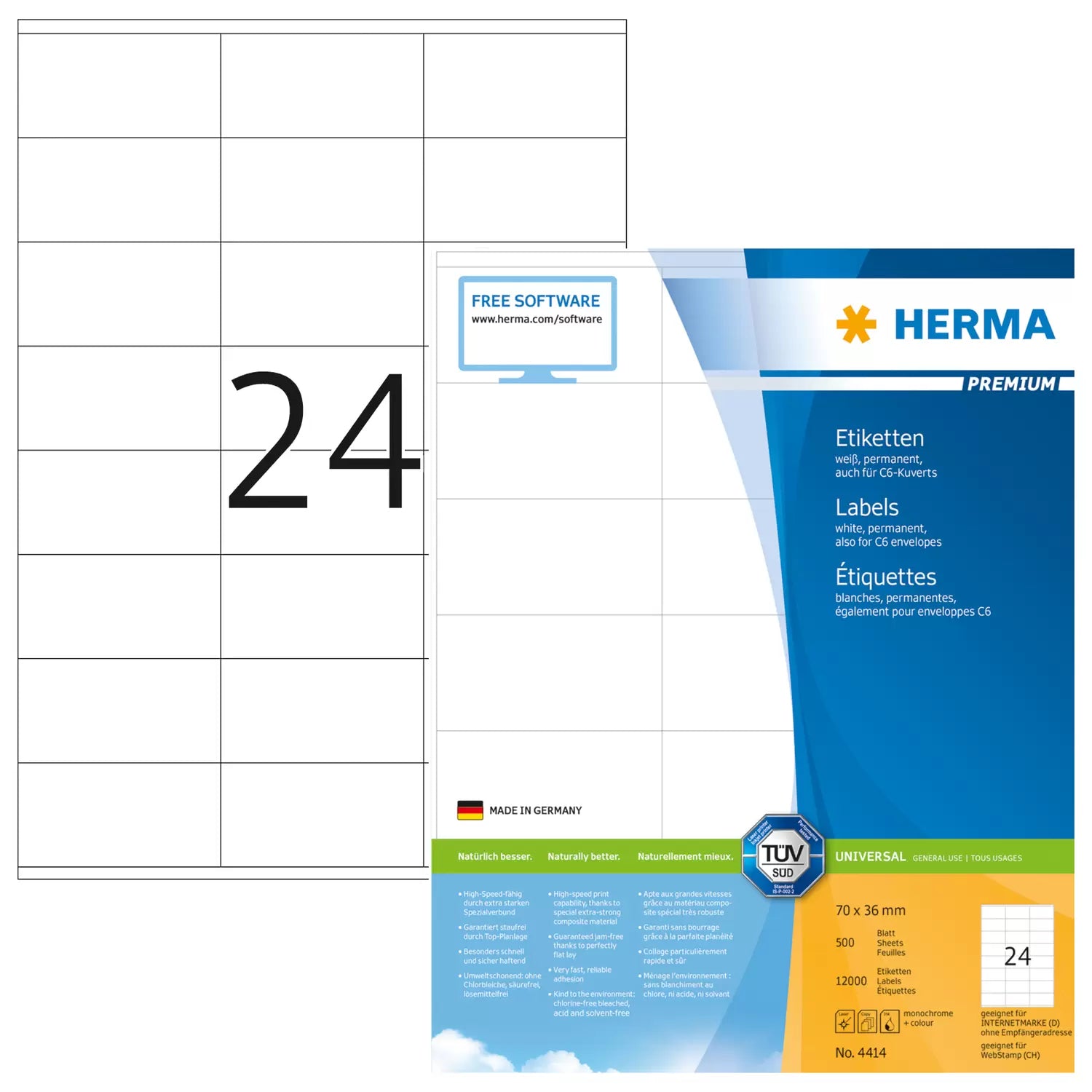 HERMA Etiketten auf Bogen, 70 mm × 36 mm, weiss, Papier, permanent, 500 Blatt