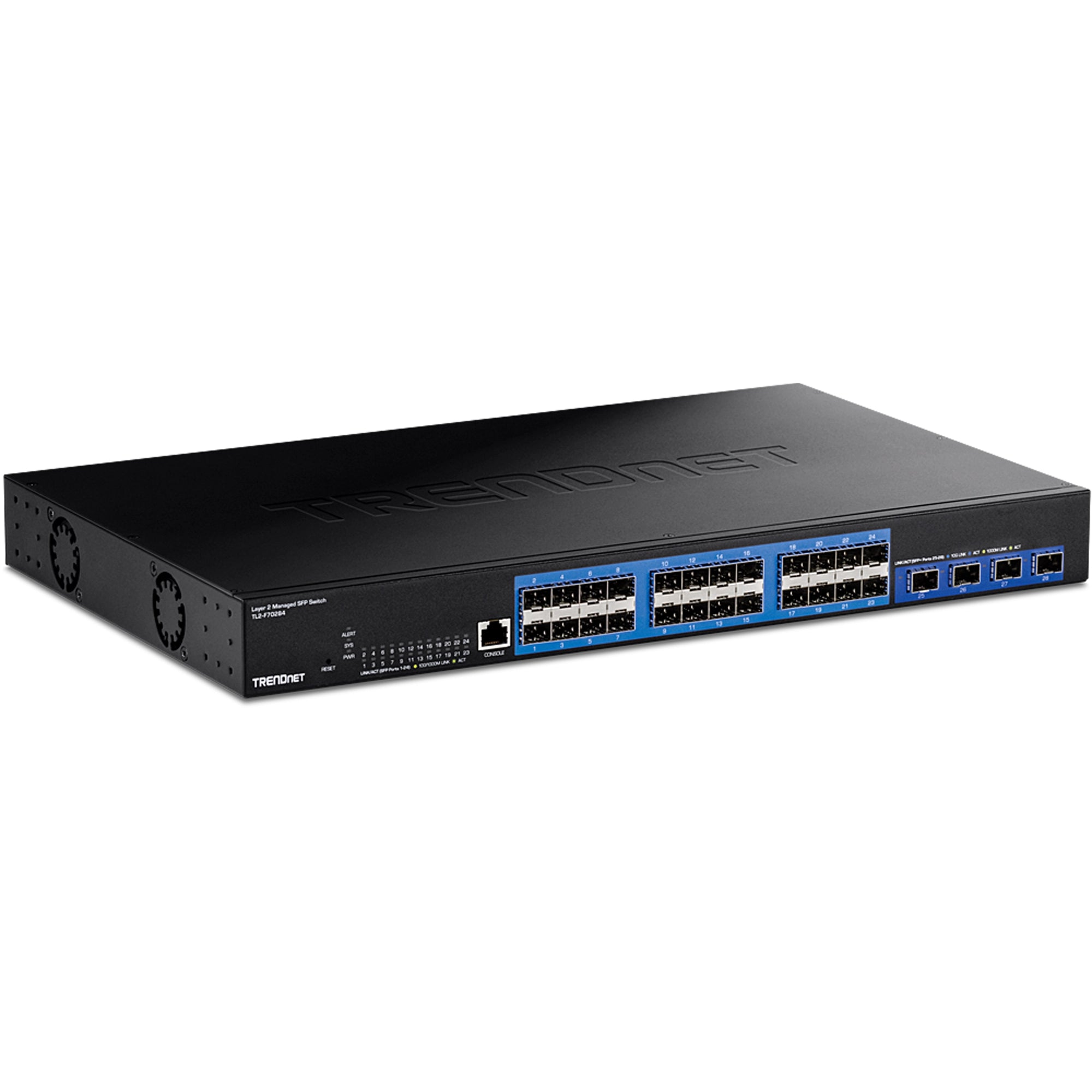 Trendnet TL2-F70284 – Managed L2 Switch – 24× 1G (SFP), 4× 10G (SFP+), 19", 1U