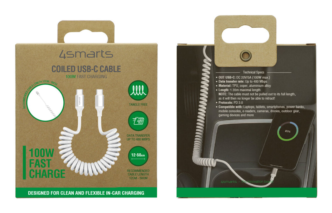 4smarts USB-C auf USB-C Kabel – USB 2.0 (480 Mbit/s) – 1,35 m – PD 100 W – Spiralkabel, TPU-Mantel – Weiss