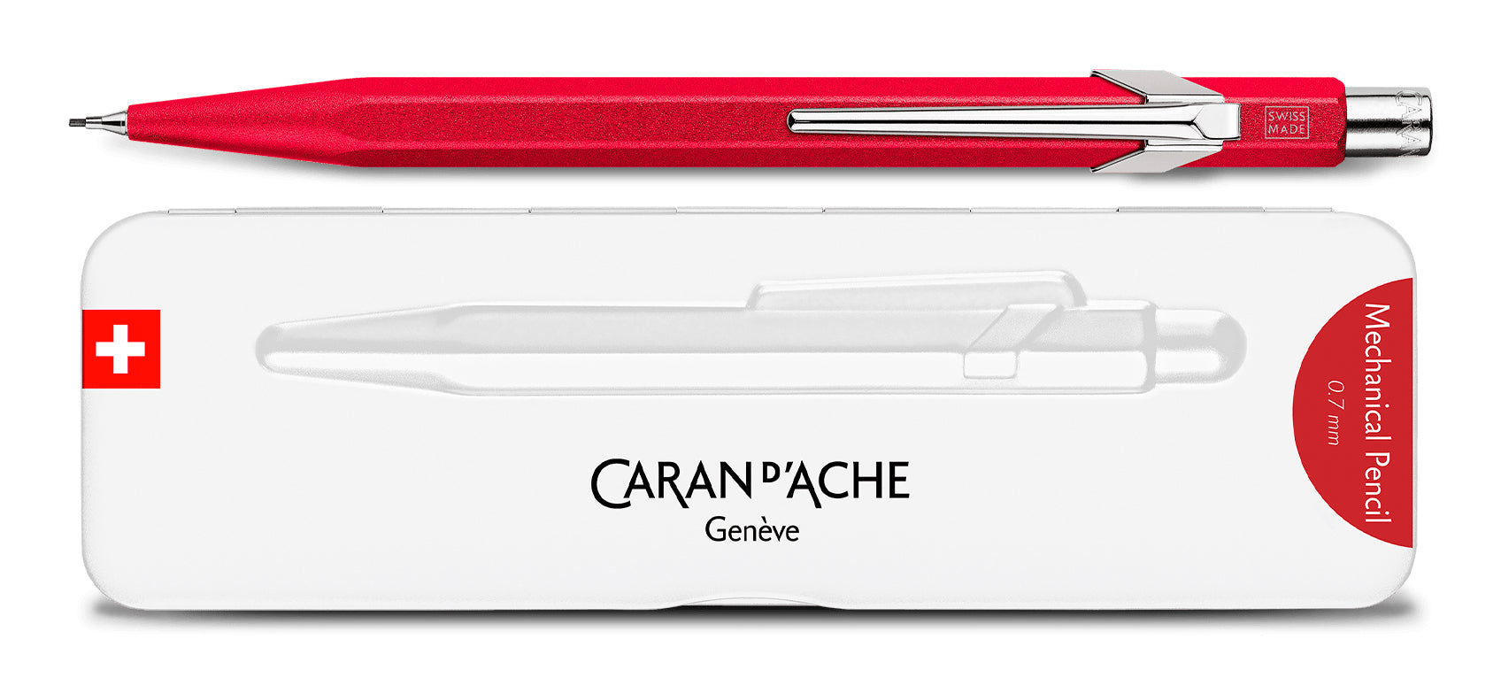Caran d-Ache 849 Colormat-X Druckbleistift – 0,7 mm – Aluminium – Rot – mit Radierer – 1er-Pack