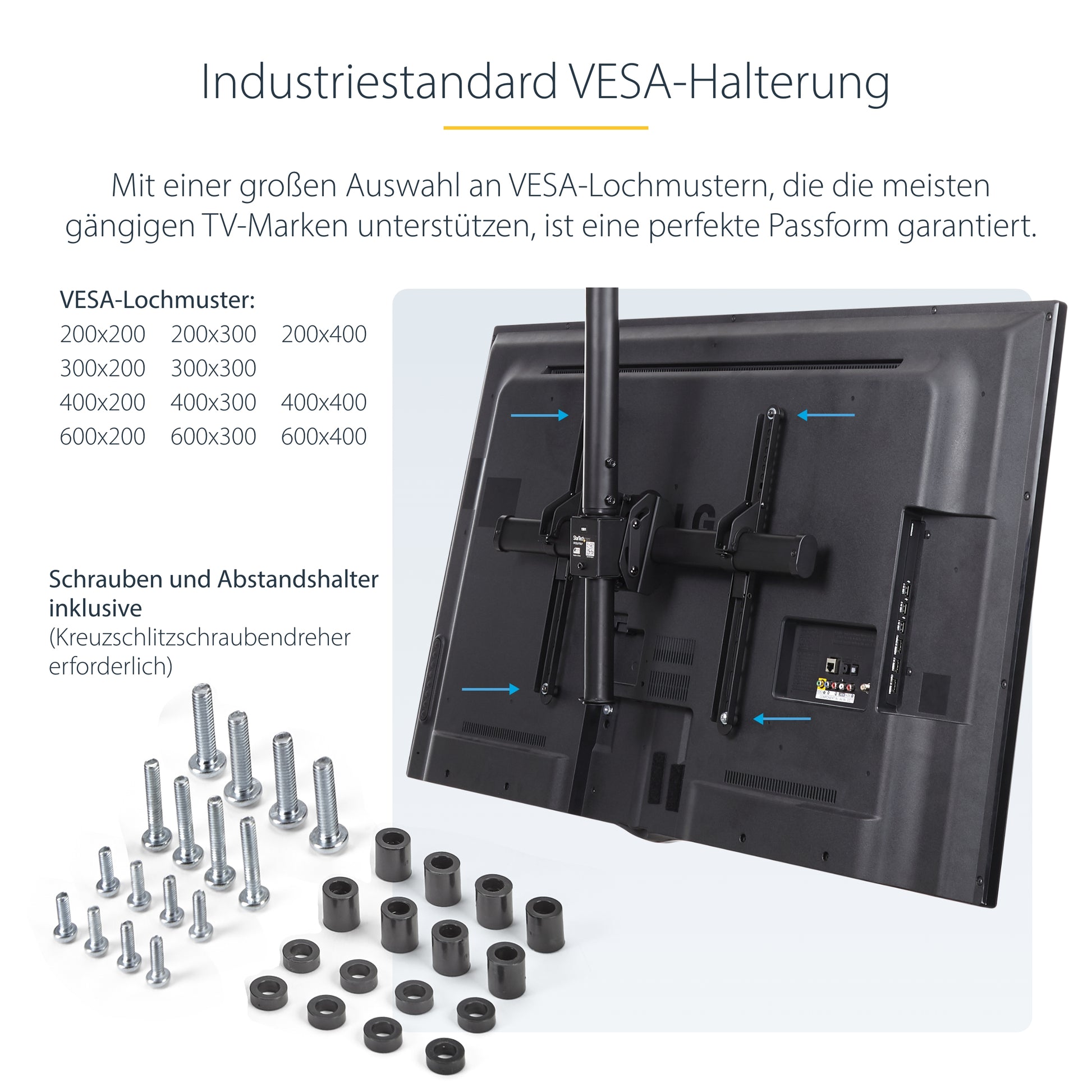 StarTech.com Deckenhalterung – 32–75" – VESA 200×200–600×400 – bis 50 kg, Teleskopmast – Schwarz