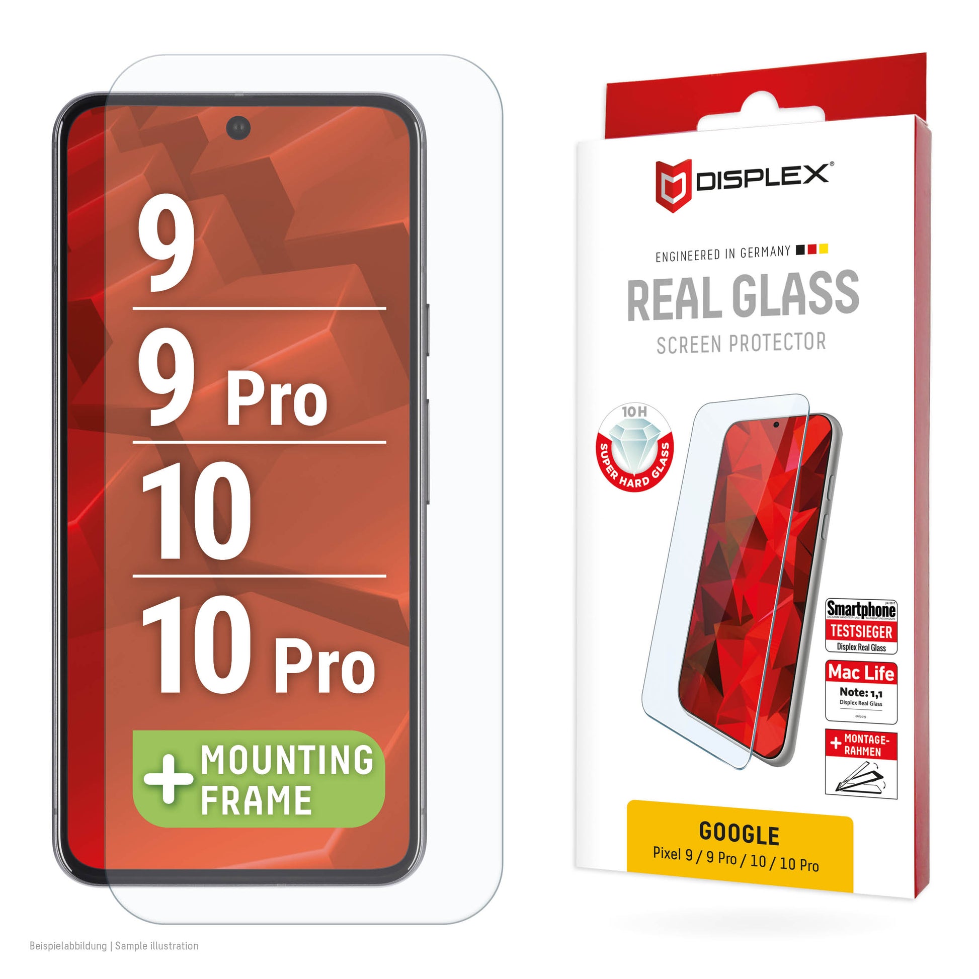 Displex Displayschutz (Panzerglas), 10H – für Pixel 9/9 Pro/10 u. a. – mit Applikator