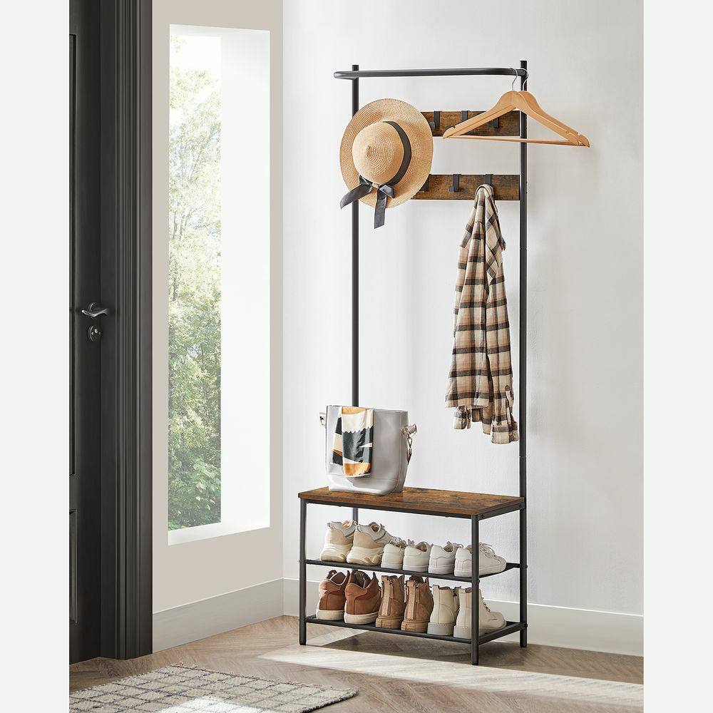 Vasagle Garderobe mit Schuhregal – 9 Haken, Stahl/Spanplatte, Schwarz/Braun, 64 × 32,2 × 180 cm