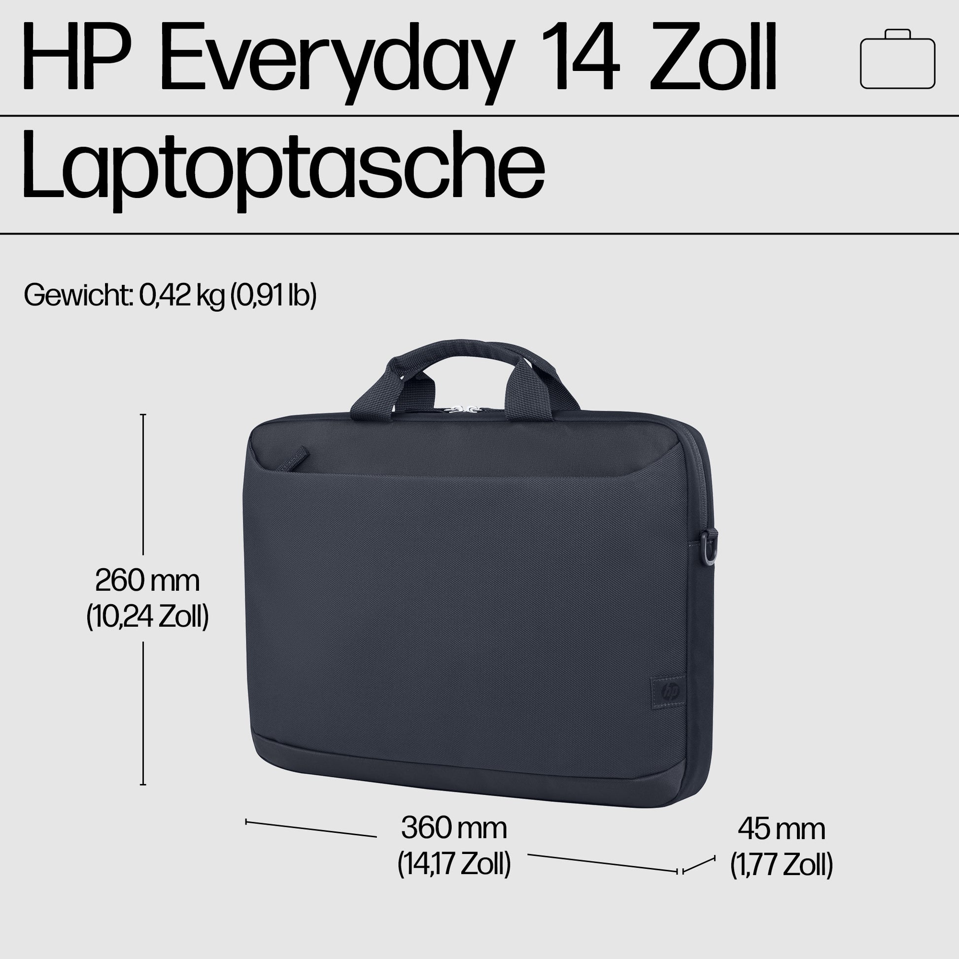 HP Notebook-Tasche bis 14" – Abnehmbarer Schultergurt, Wasserfest – Grau