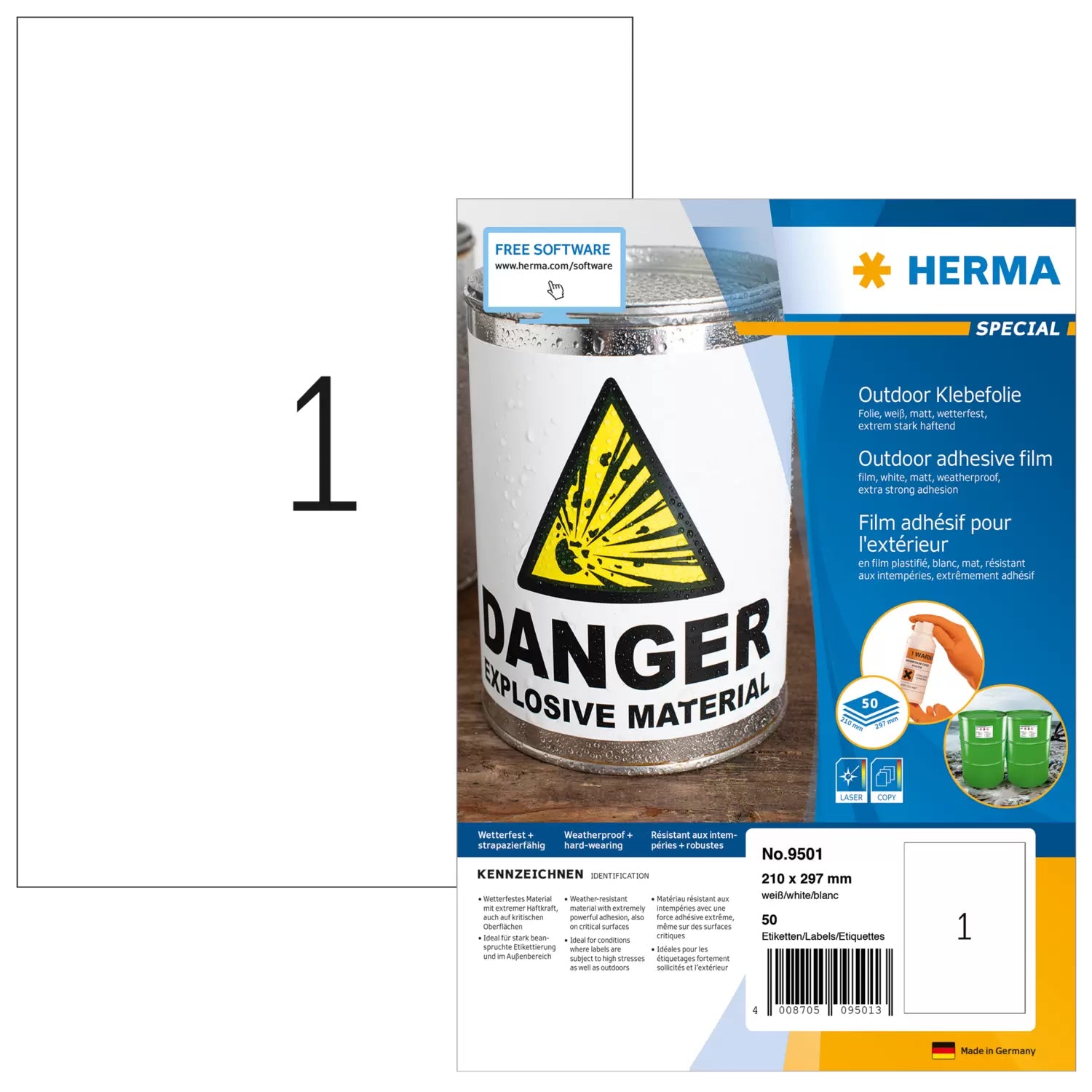 HERMA Haftetiketten, 210 mm × 297 mm, weiss, Polyethylenfolie, selbstklebend, 50 Blatt