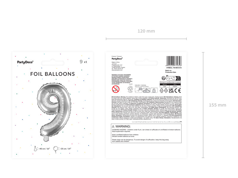 PartyDeco Folienballon Zahl 9 – Silber – 35 cm – Folie – 1 Stk