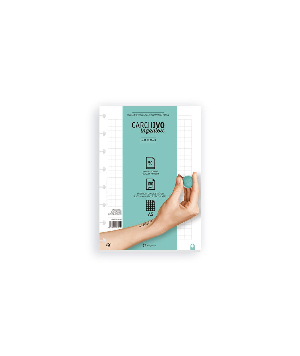 CARCHIVO Notizbuch-Einlagen A5, kariert, spezielle Perforierung, 100 g/m², für Spiralbuch Ingeniox – 50 Blatt