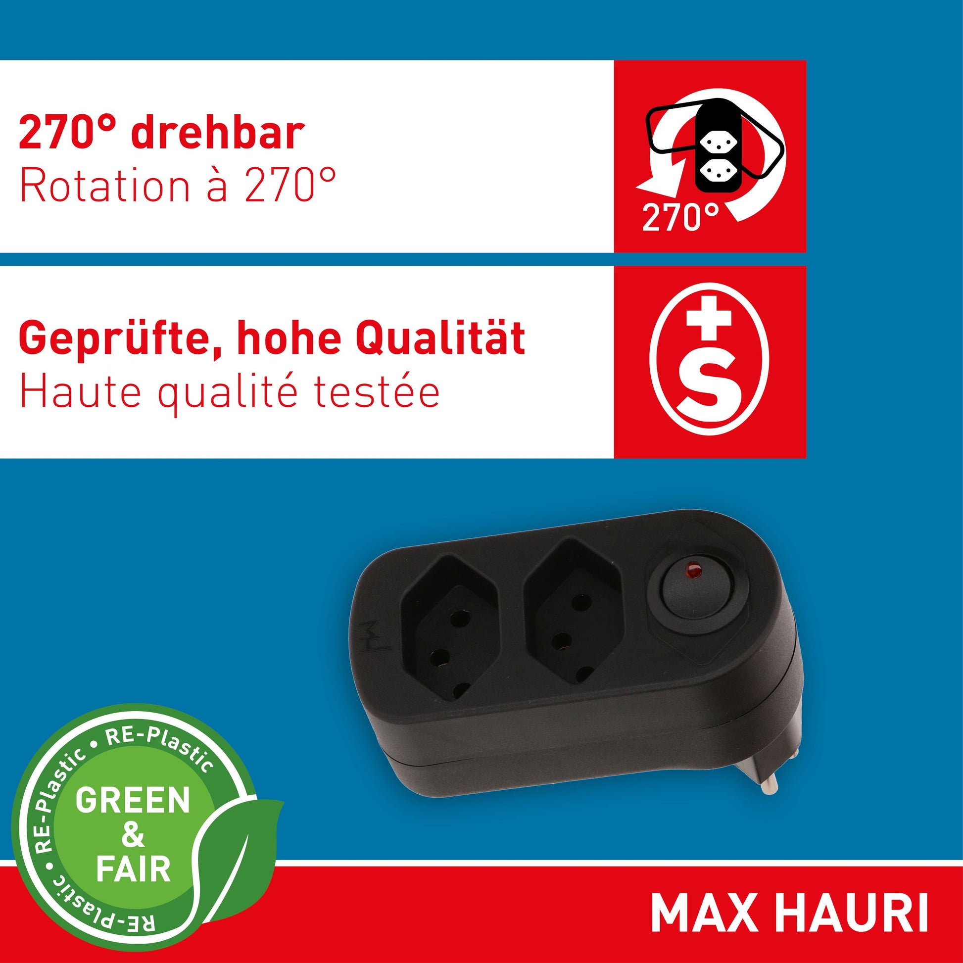 Max Hauri AG Max Hauri Steckdosenleiste, 2×T13, mit Schalter, 0,1 m Kabel, Eingang T12 (abgewinkelt) – schwarz