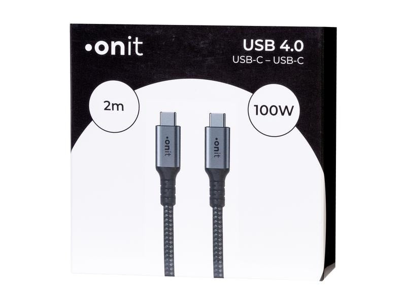 ONIT USB-C auf USB-C Kabel – USB4 20 Gbit/s – 2 m – PD 100 W – Textilmantel, verstärkt – Schwarz/Grau