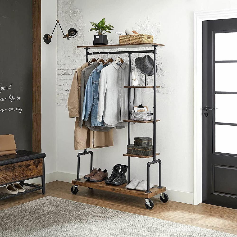 Vasagle Garderobe mit Schuhregal – mit 5 Ablagen, Stahl/Spanplatte, Schwarz/Braun, 103,5 × 40 × 174,5 cm