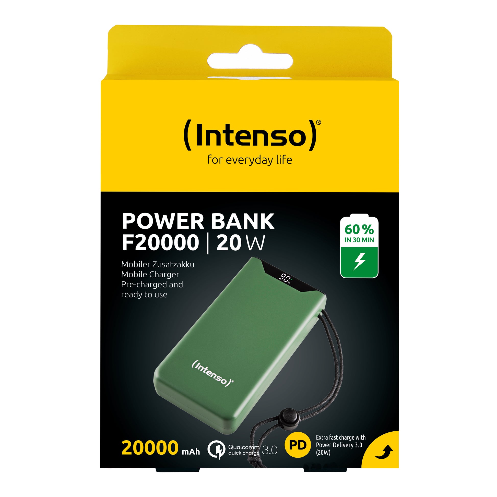 Intenso F20000 Powerbank 20'000 mAh – 20 W PD, 1× USB-C, 1× USB-A, grün