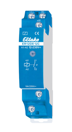 Eltako Relais mit Sockel – 230 V, 16 A, 1× Schliesser, DIN-Schienen-Montage – Blau – ER12DX-UC