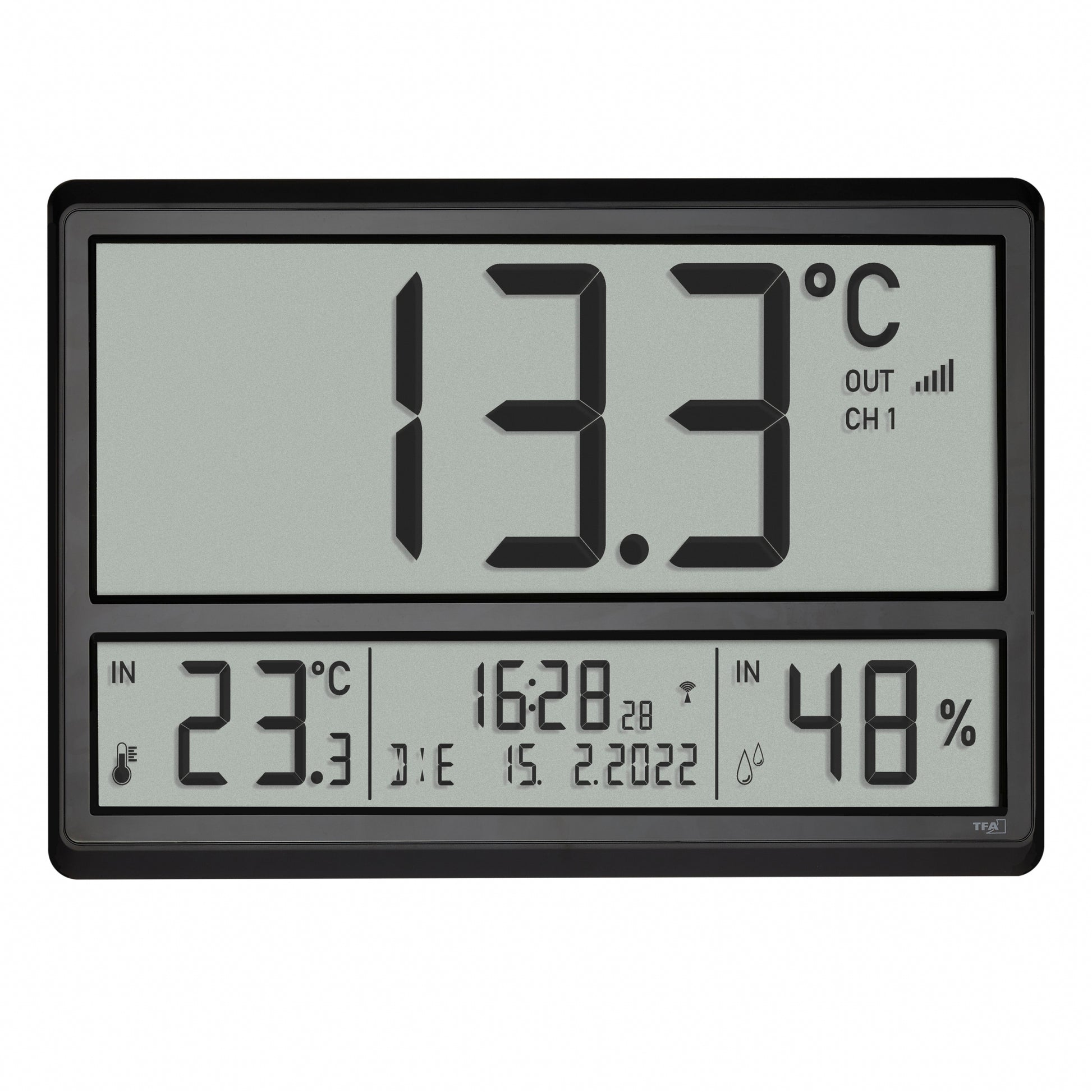 TFA-Dostmann TFA Dostmann Digitalwecker – Funk, Schlummerfunktion, Thermometer, 36 × 23,5 × 2,8 cm, Schwarz
