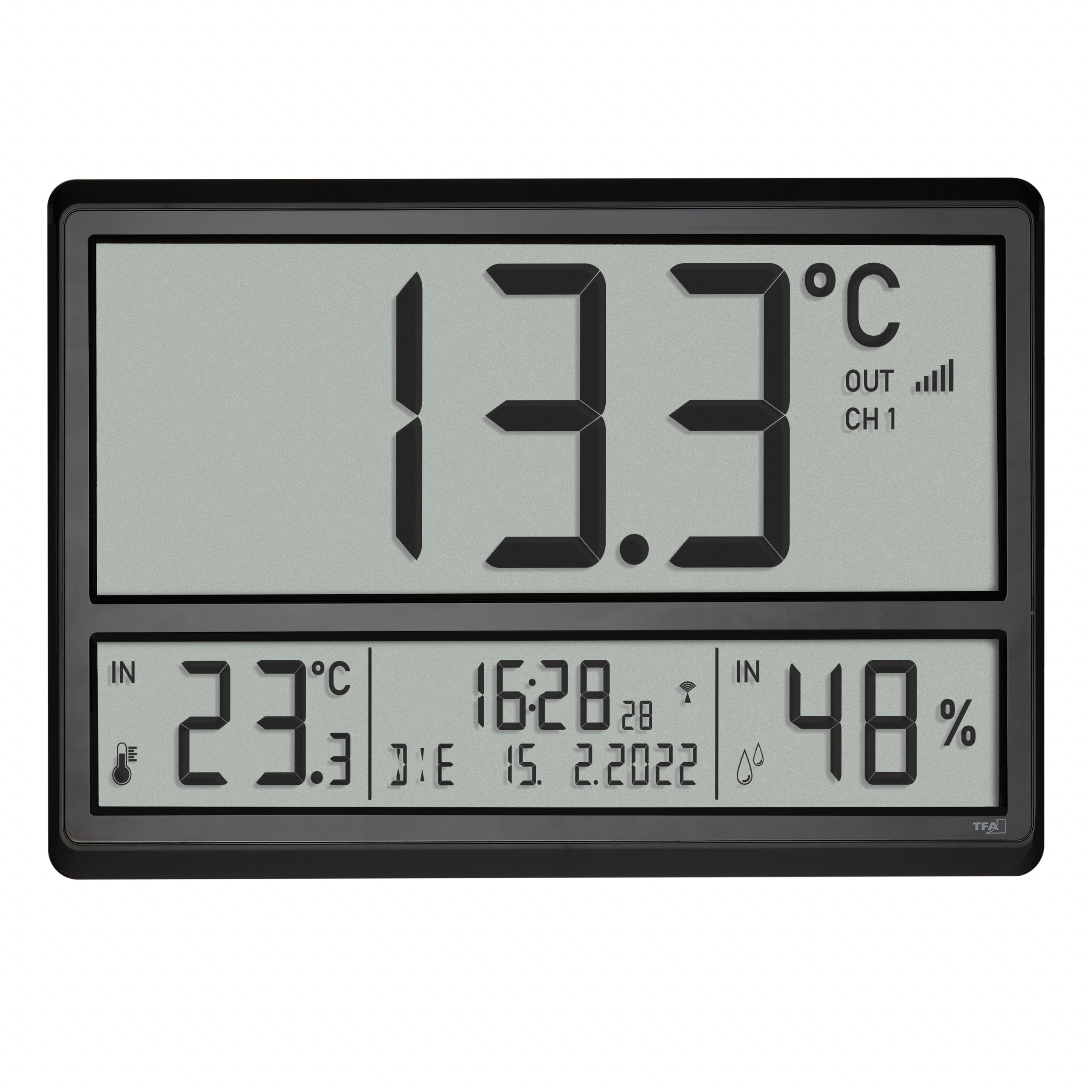 TFA-Dostmann TFA Dostmann Digitalwecker – Funk, Schlummerfunktion, Thermometer, 36 × 23,5 × 2,8 cm, Schwarz