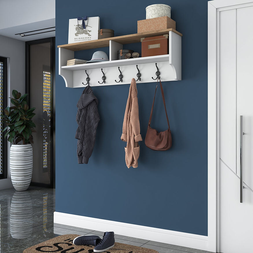 Woody Fashion Wandgarderobe mit 5 Haken – Spanplatte – weiss – 1'200 × 372 × 222 mm