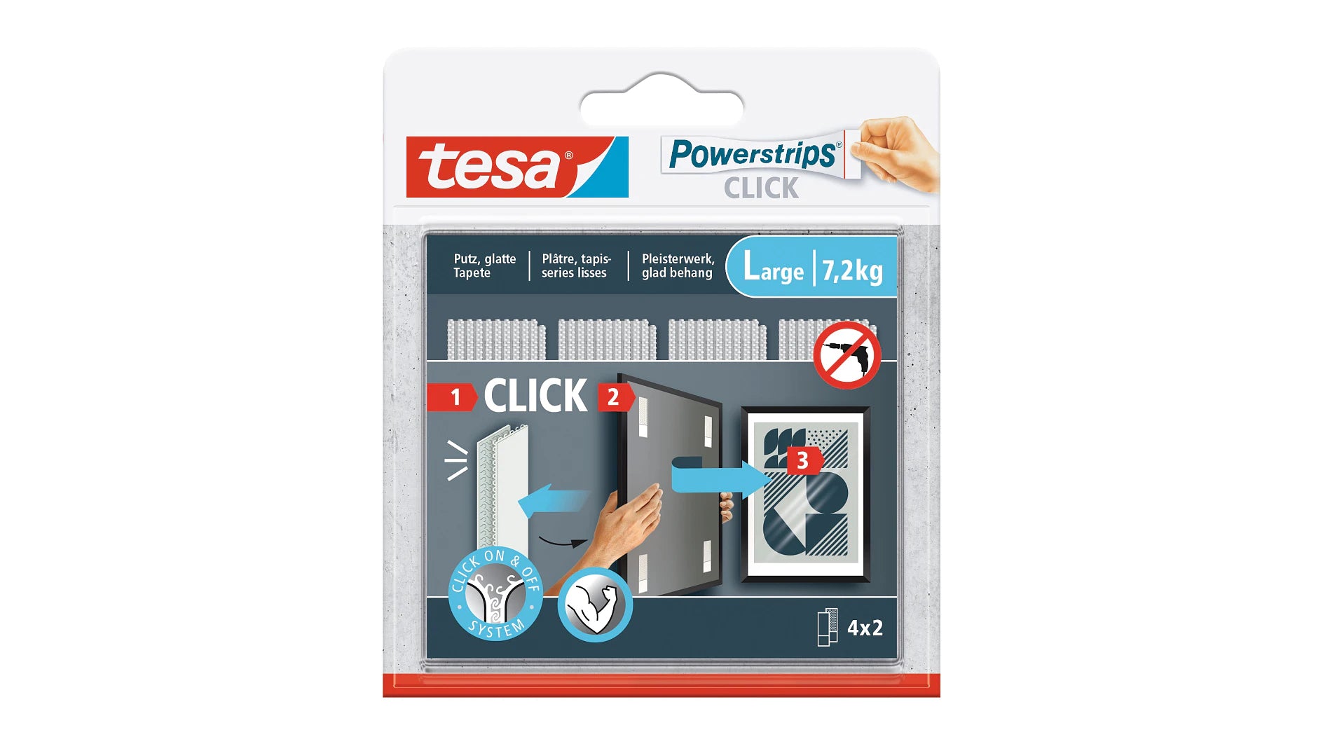 TESA Powerstrips CLICK Klettband – 20 mm × 85 mm, weiss, rückstandsfrei, lösemittelfrei, 8 Stück