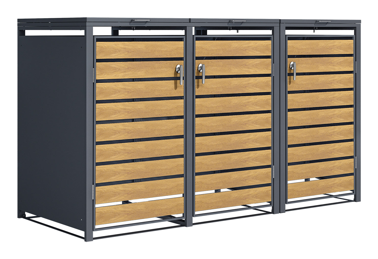 Phoenix Safe Co. Müllcontainer – Stahl, rechteckig – Anthrazit/Eiche – 3-türig, Soft-Close – 200 × 80 × 116 cm