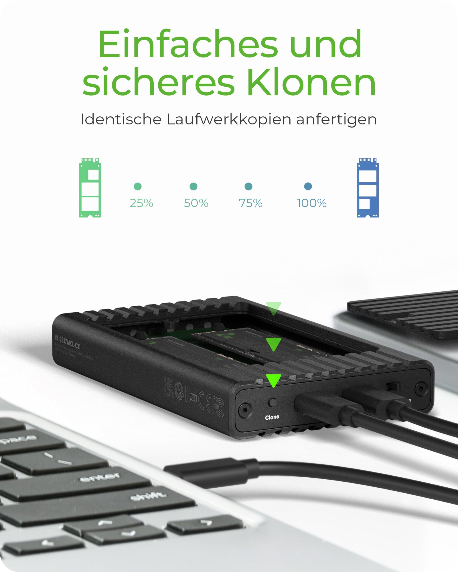ICY BOX IB-2817MCL-C31 – 2-Bay SSD-Gehäuse – M.2 NVMe (30/42/60/80 mm), USB-C 3.2 Gen 2 (10 Gbit/s)