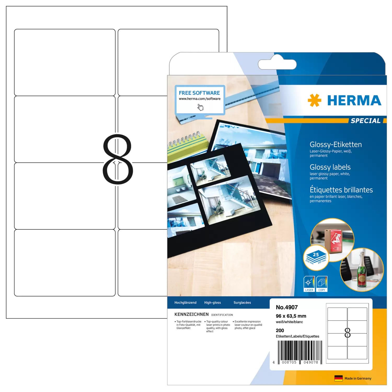 HERMA Drucketiketten, 96 mm × 64 mm, weiss, Papier, permanent, 25 Blatt (200 Etiketten)