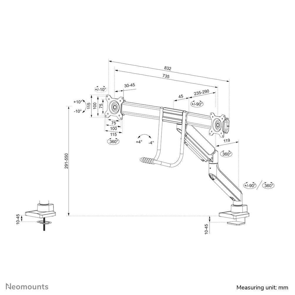 Neomounts Ds75-450Bl2 – Monitorarm – bis 32", Neigen/Schwenken, Schwarz