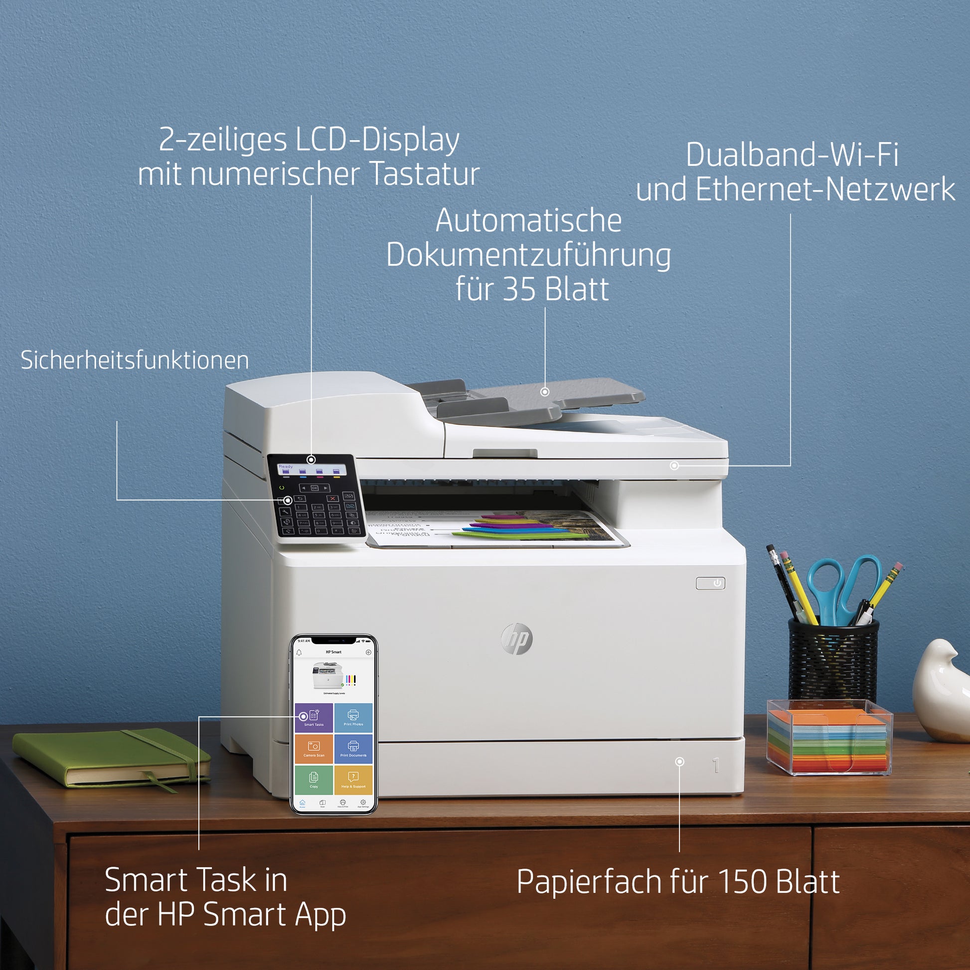 HP Color LaserJet Pro M183fw – Farbiges Laser-MFP A4, 4-in-1 – USB/LAN – ADF – 16 ppm S/W, 16 ppm Farbe