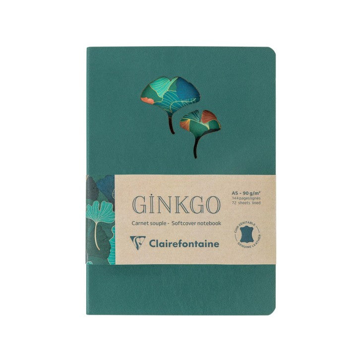 Clairefontaine Notizbuch, A5, liniert, Fadenheftung, Softcover, 144 Seiten, 90 g/m² – grün, Blättermotiv