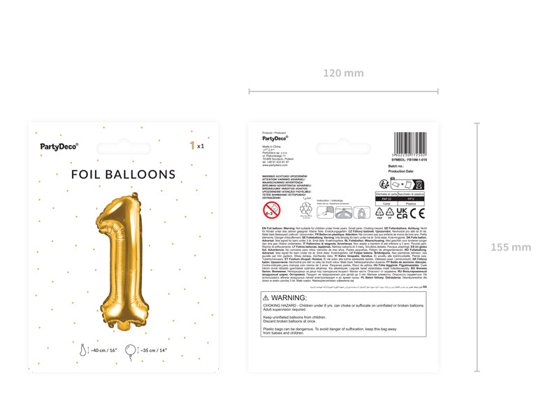 PartyDeco Folienballon Zahl 1 – Gold – 35 cm – Folie – 1 Stk