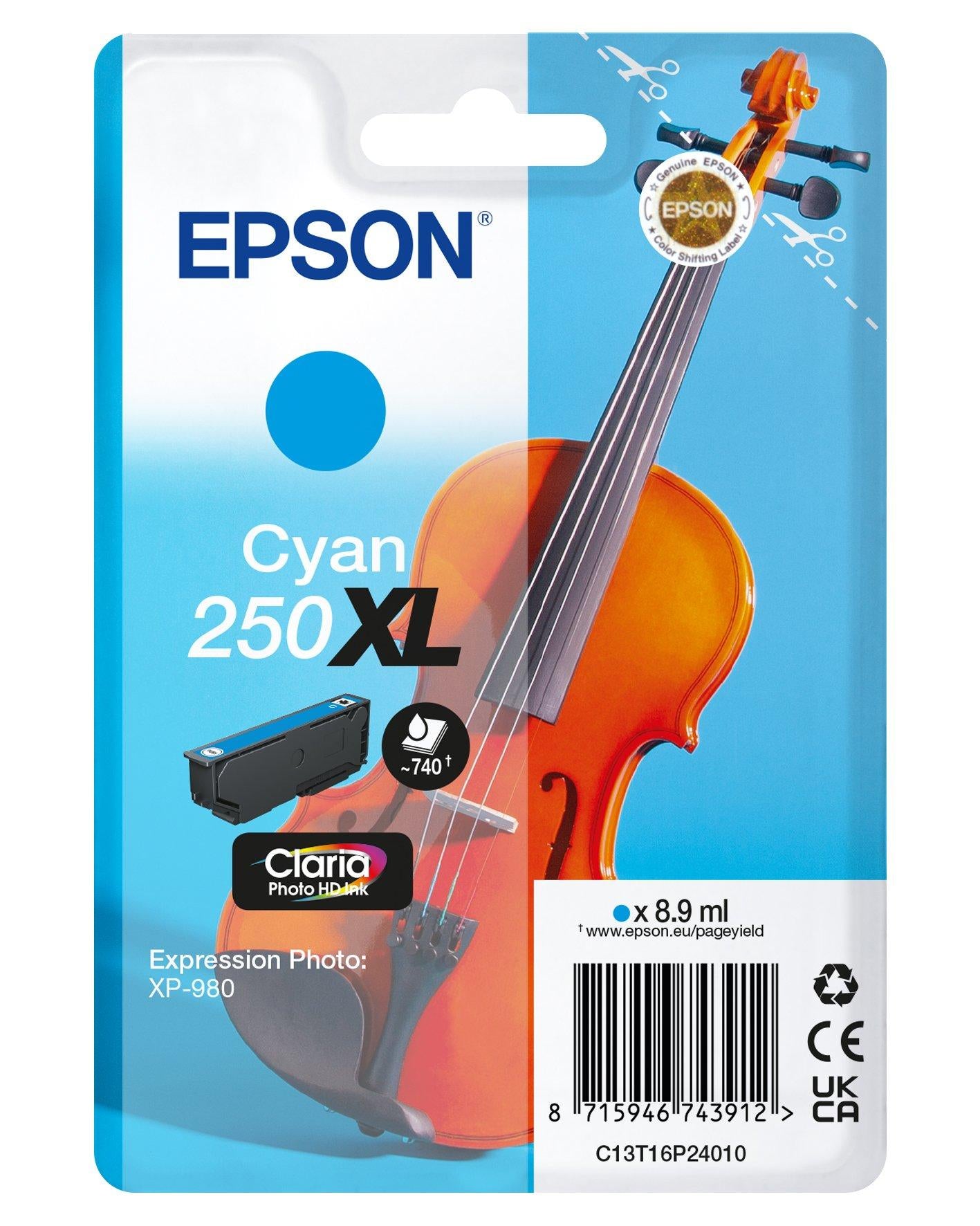 Epson 250XL Cyan Tintenpatrone (Original) – 8,9 ml – für Epson Expression Photo XP-980