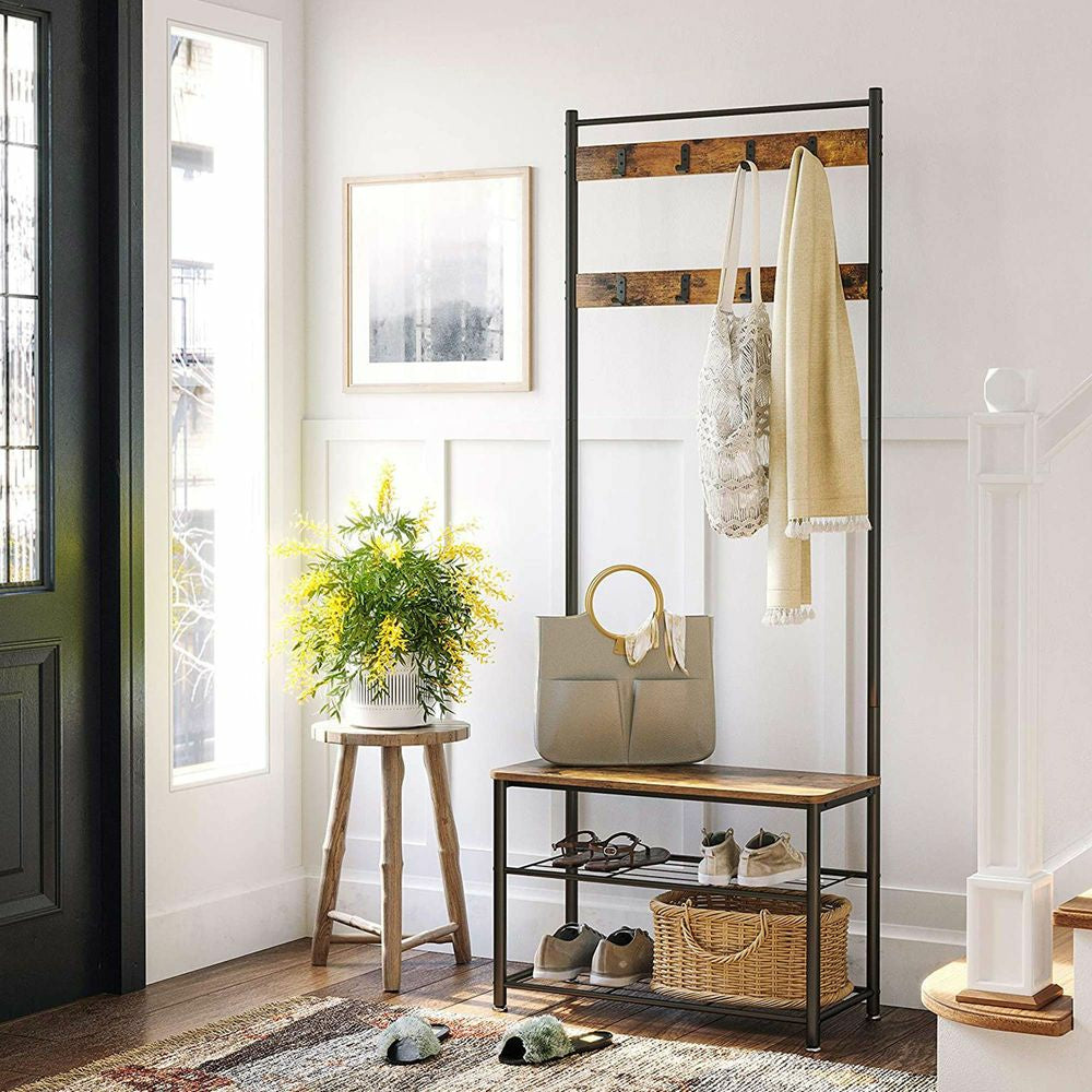 Vasagle Garderobe mit Schuhregal – 8 Haken, Stahl/Spanplatte, Schwarz/Braun, 70 × 32 × 175 cm