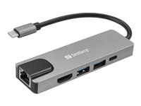 Sandberg 336-99 Multiport-Adapter – USB-C, 1× HDMI, 2× USB-A, 100 W PD, GbE, für Windows/MacOS