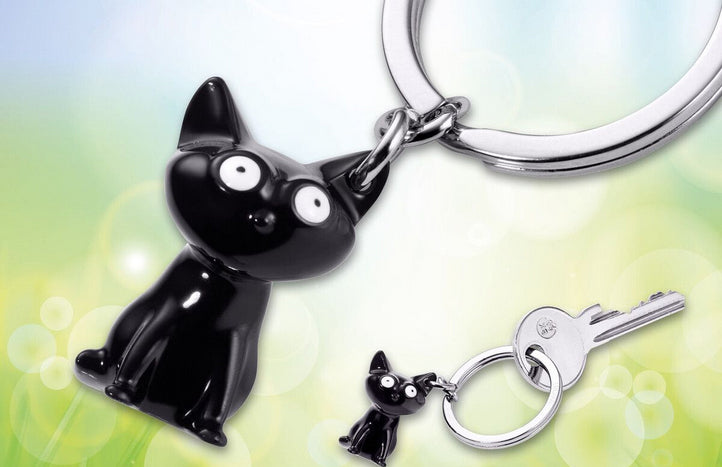 TROIKA Schlüsselanhänger Katze – Metall, Schwarz glänzend, 6er-Pack