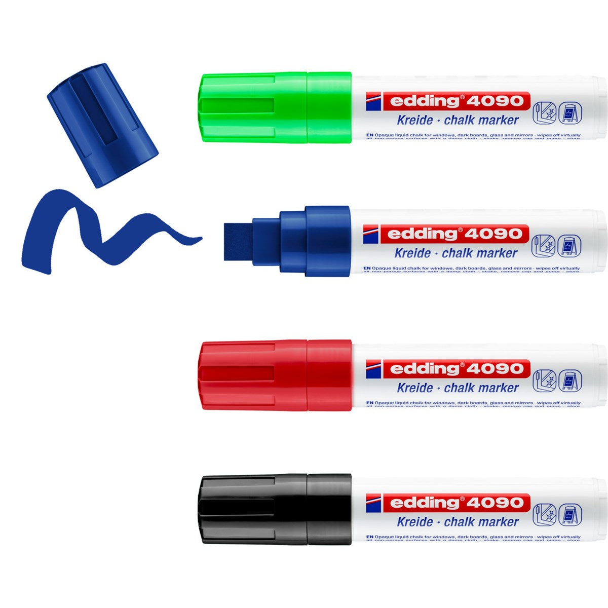 Edding Kreidemarker 4090 – Keilspitze, 4–15 mm – 4er-Set, Farben sortiert (schwarz, blau, rot, ...)