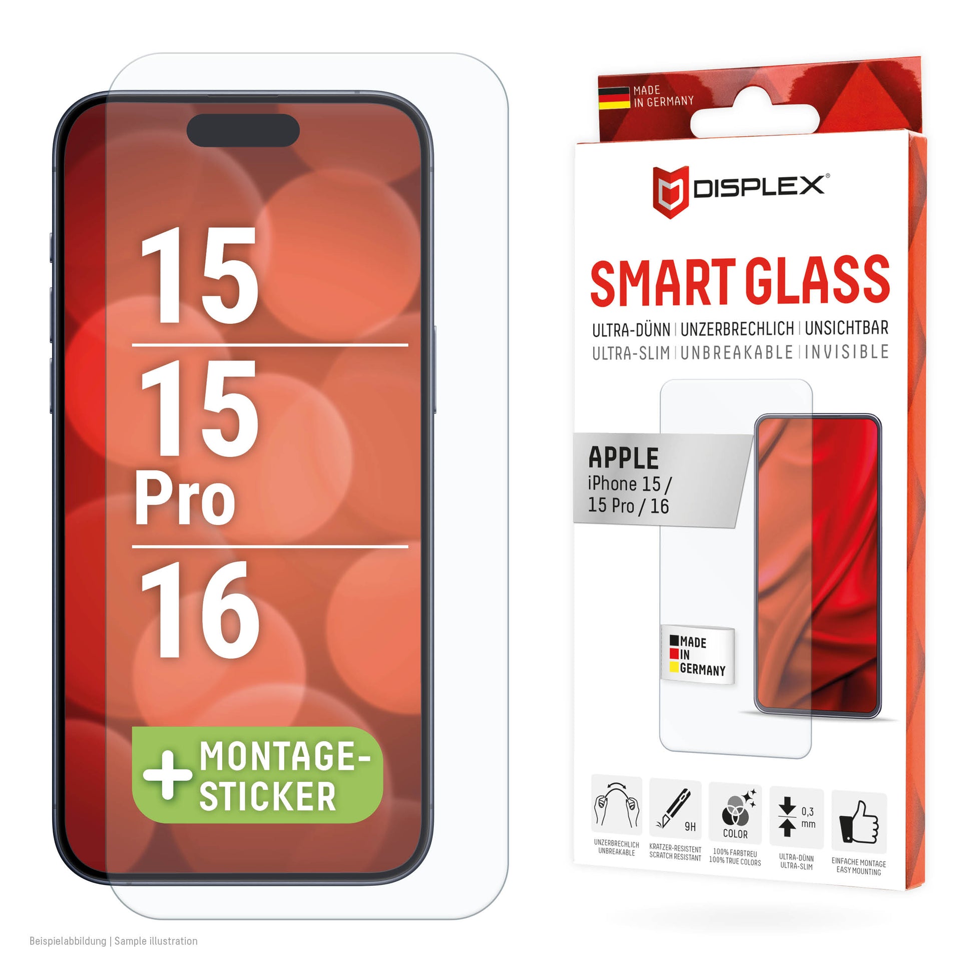 Displex Displayschutz (Panzerglas), 9H – für iPhone 15/15 Pro/16