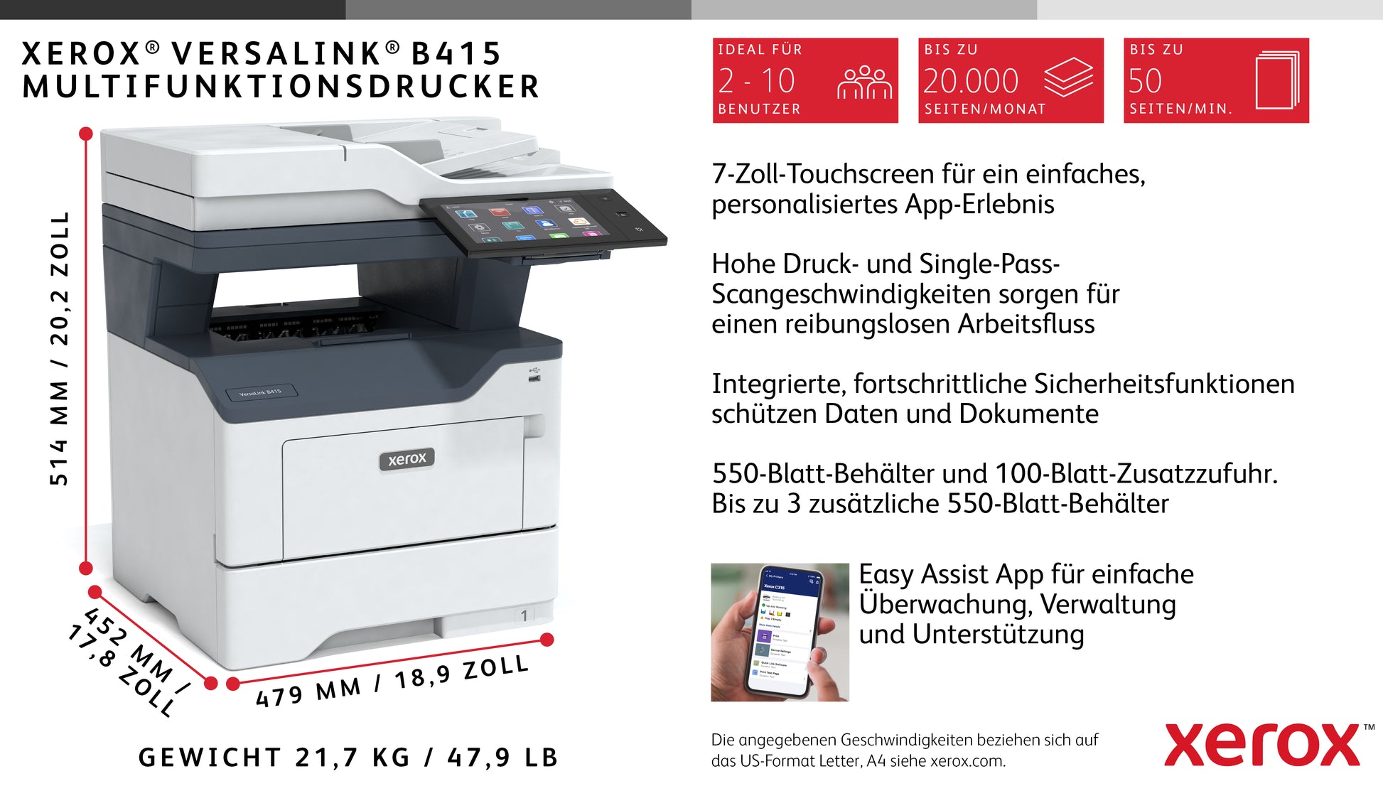 Xerox VersaLink B415 – SW-Laser-Multifunktionsdrucker, A4, 4-in-1, Duplex, ADF, LAN, AirPrint