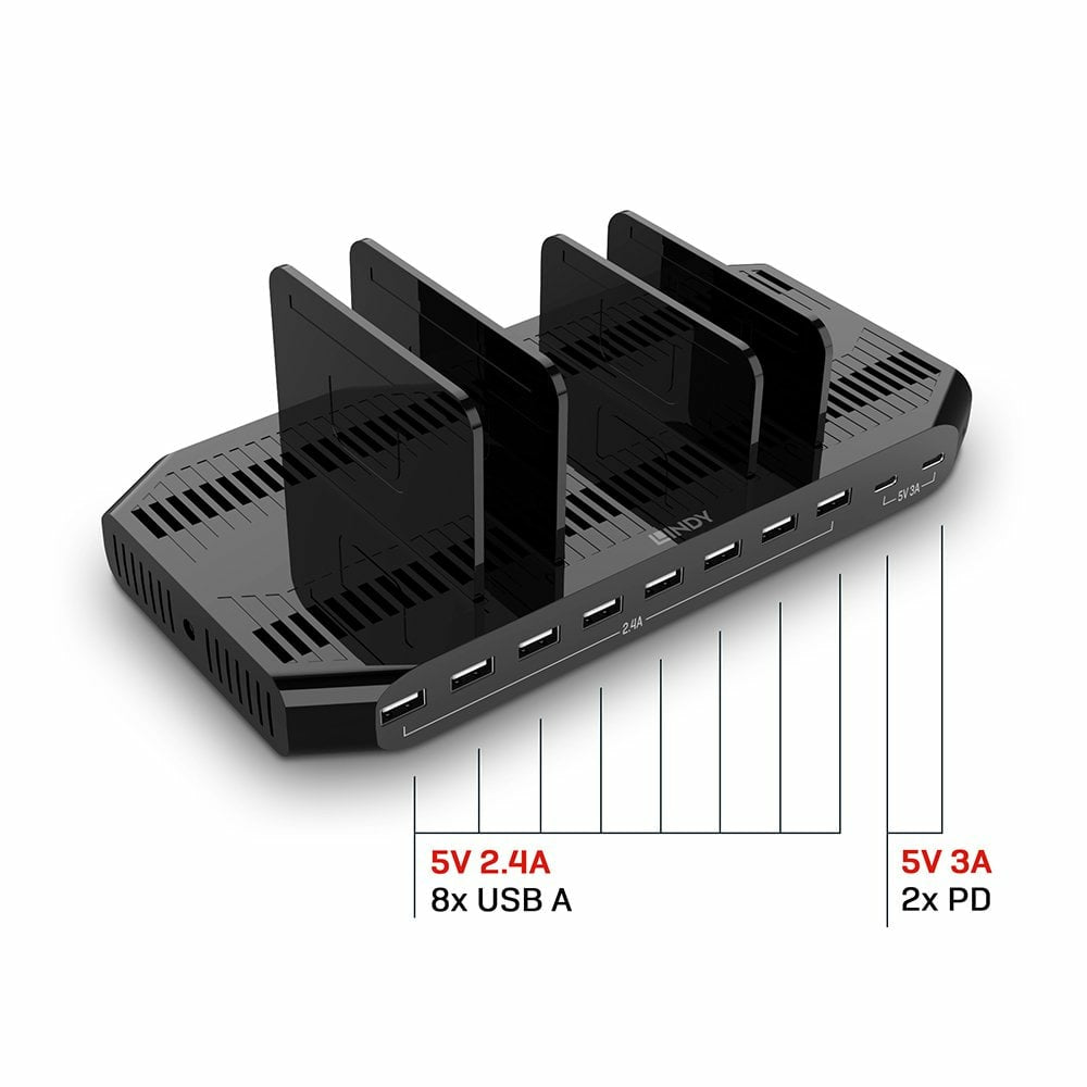 Lindy Ladestation – 120 W, 10× USB