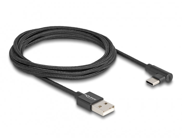 DeLOCK USB-A auf USB-C Kabel – USB 2.0 (480 Mbit/s) – 2 m – Textilmantel, Abgewinkelt – Schwarz